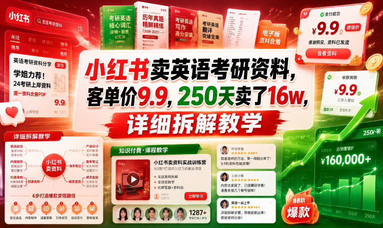 小红书卖英语考研资料,客单价9.9,250天卖了16w,详细拆解教学网创吧-网创项目资源站-副业项目-创业项目-搞钱项目网创吧