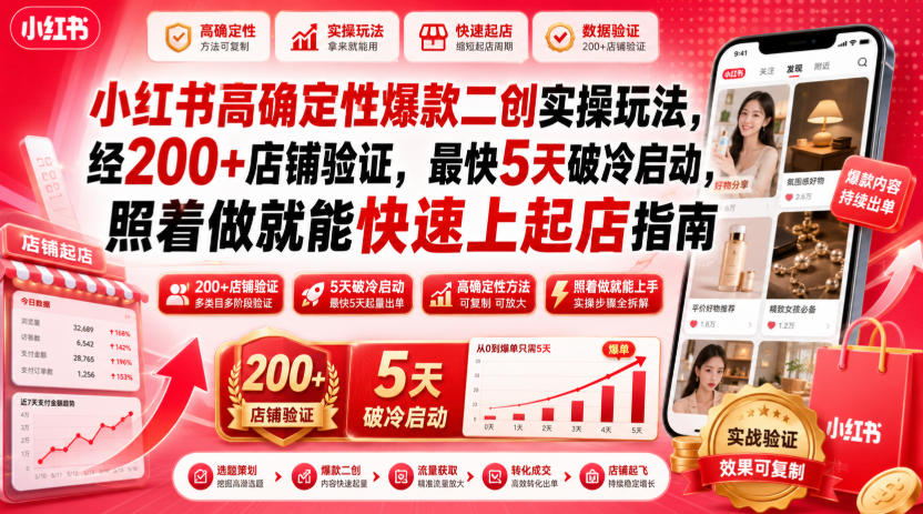 小红书高确定性爆款二创实操玩法,经200+店铺验证,最快5天破冷启动,照着做就能快速上起店指南网创吧-网创项目资源站-副业项目-创业项目-搞钱项目网创吧