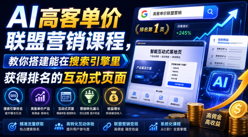 AI高客单价联盟营销课程,教你搭建能在搜索引擎里获得排名的互动式页面,引来流量,把访客转化为高佣金的成交【原创双语字幕】网创吧-网创项目资源站-副业项目-创业项目-搞钱项目网创吧