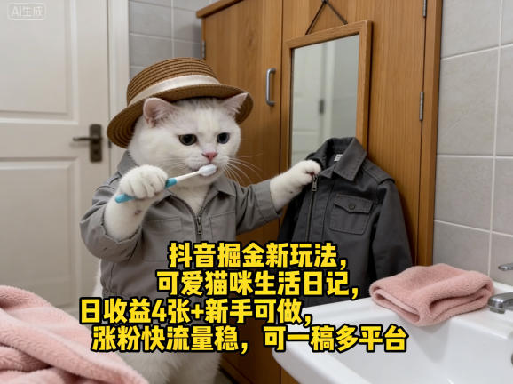 抖音掘金新玩法,可爱猫咪生活日记,日收益4张+新手可做,涨粉快流量稳,可一稿多平台网创吧-网创项目资源站-副业项目-创业项目-搞钱项目网创吧