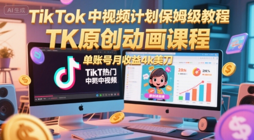 TikTok中视频计划保姆级教程,TK原创动画课程,单账号月收益4k美刀网创吧-网创项目资源站-副业项目-创业项目-搞钱项目网创吧