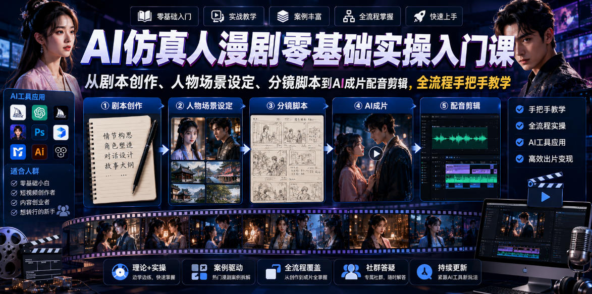AI仿真人漫剧零基础实操入门课,从剧本创作、人物场景设定、分镜脚本到AI成片配音剪辑,全流程手把手教学网创吧-网创项目资源站-副业项目-创业项目-搞钱项目网创吧