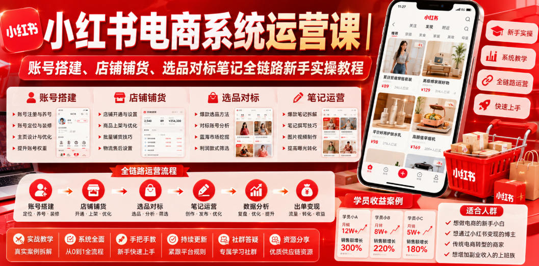 小红书电商系统运营课|账号搭建、店铺铺货、选品对标笔记全链路新手实操教程网创吧-网创项目资源站-副业项目-创业项目-搞钱项目网创吧