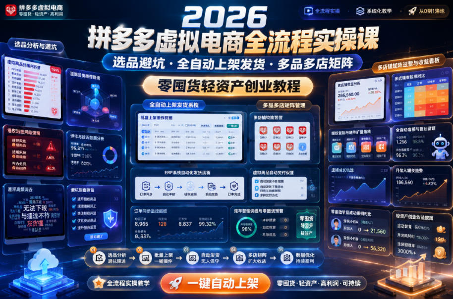 2026拼多多虚拟电商全流程实操课,选品避坑・全自动上架发货・多品多店矩阵,零囤货轻资产创业教程网创吧-网创项目资源站-副业项目-创业项目-搞钱项目网创吧