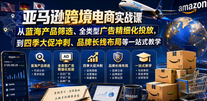 亚马逊跨境电商实战课,从蓝海产品筛选、全类型广告精细化投放,到四季大促冲刺、品牌长线布局等一站式教学网创吧-网创项目资源站-副业项目-创业项目-搞钱项目网创吧