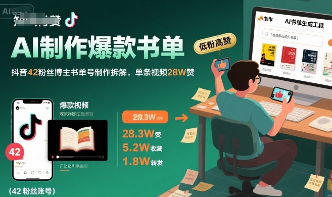 AI制作爆款书单,抖音42粉丝博主书单号制作拆解,单条视频28W赞网创吧-网创项目资源站-副业项目-创业项目-搞钱项目网创吧