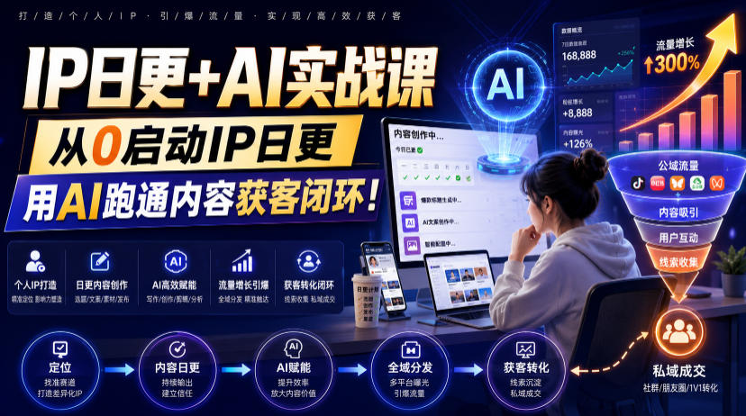 IP日更+AI实战课,从0启动IP日更,IP置顶视频制作+100条选题库搭建+10条日更规划,用AI跑通内容获客闭环!网创吧-网创项目资源站-副业项目-创业项目-搞钱项目网创吧