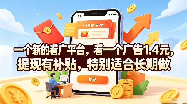 一个新的看广平台,看一个广告1.4元,提现有补贴,特别适合长期做【揭秘】网创吧-网创项目资源站-副业项目-创业项目-搞钱项目网创吧