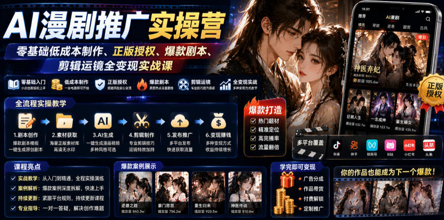 AI漫剧推广实操营|零基础低成本制作、正版授权、爆款剧本、剪辑运镜全变现实战课网创吧-网创项目资源站-副业项目-创业项目-搞钱项目网创吧