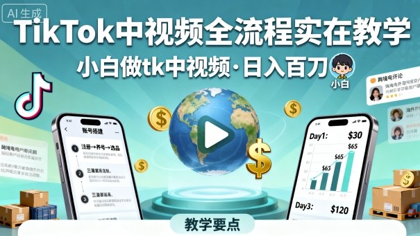 TikTok中视频全流程实操教学,小白做tk中视频,日入百刀网创吧-网创项目资源站-副业项目-创业项目-搞钱项目网创吧