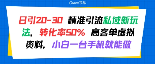 日引 20-30 精准引流私域新玩法，转化率50% 高客单虚拟资料，小白一台手机就能做网创吧-网创项目资源站-副业项目-创业项目-搞钱项目网创吧