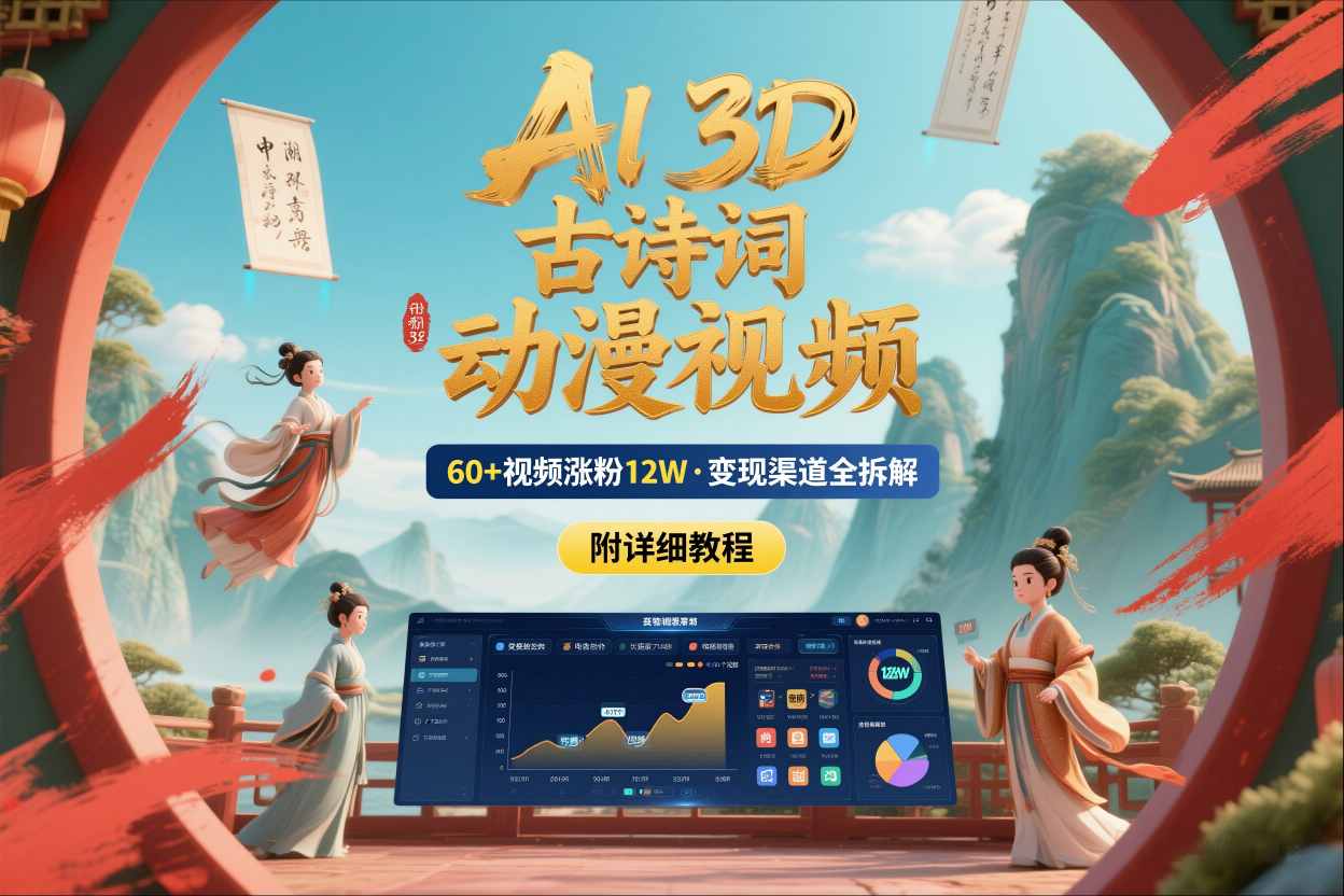 AI制作3D古诗词动漫视频,60多个视频涨粉12W,多个变现渠道拆解【附详细教程】网创吧-网创项目资源站-副业项目-创业项目-搞钱项目网创吧