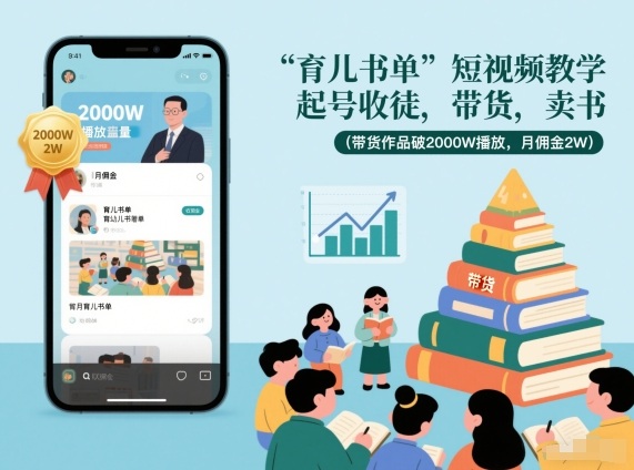 育儿书单短视频教学，起号收徒，带货，卖书（带货作品破2000W播放，月佣金2W）网创吧-网创项目资源站-副业项目-创业项目-搞钱项目网创吧