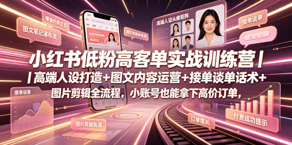 小红书低粉高客单实战训练营|高端人设打造+图文内容运营+接单谈单话术+图片剪辑全流程,小账号也能拿下高价订单网创吧-网创项目资源站-副业项目-创业项目-搞钱项目网创吧