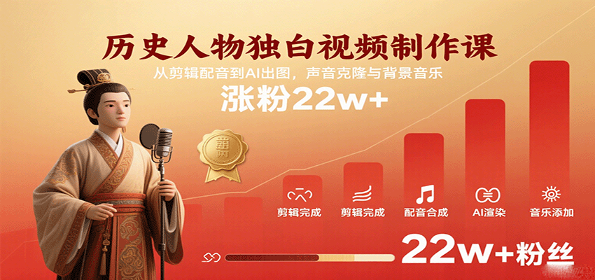 历史人物独白视频制作课,从剪辑配音到AI出图,声音克隆与背景音乐,涨粉22w+网创吧-网创项目资源站-副业项目-创业项目-搞钱项目网创吧