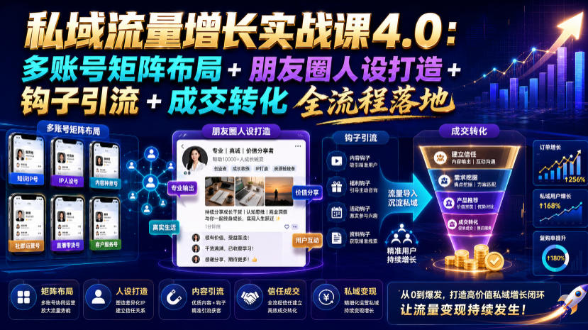 私域流量增长实战课4.0:多账号矩阵布局+朋友圈人设打造+钩子引流+成交转化全流程落地网创吧-网创项目资源站-副业项目-创业项目-搞钱项目网创吧