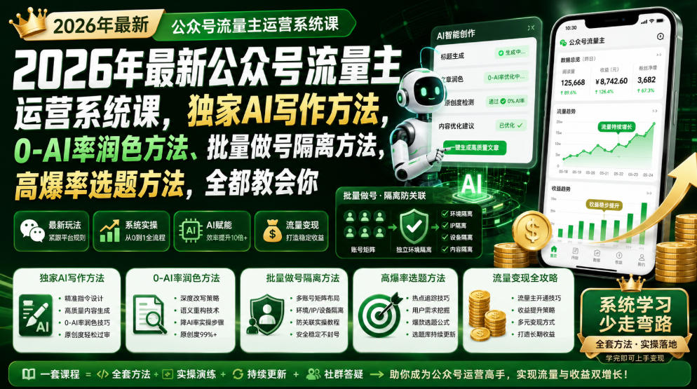 2026年最新公众号流量主运营系统课,独家AI写作方法,0-AI率润色方法、批量做号隔离方法、高爆率选题方法,全都教会你网创吧-网创项目资源站-副业项目-创业项目-搞钱项目网创吧