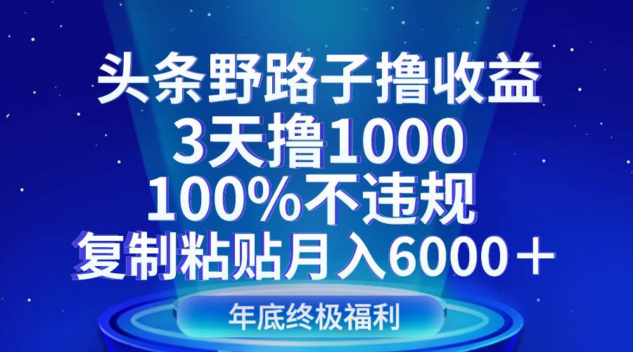 头条野路子撸收益，3天撸1000，100%不违规，复制粘贴月入6000＋网创吧-网创项目资源站-副业项目-创业项目-搞钱项目网创吧