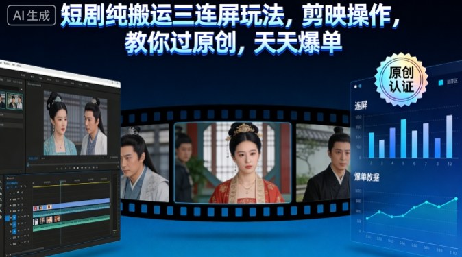 短剧纯搬运三连屏玩法,剪映操作,教你过原创,天天爆单网创吧-网创项目资源站-副业项目-创业项目-搞钱项目网创吧