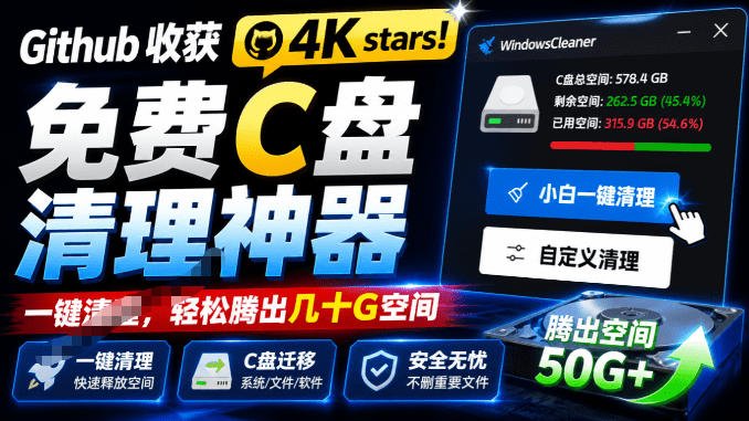 Github收获4K stars!免费C盘清理神器,轻松腾出几十G空间,支持C盘迁移Windows Cleaner网创吧-网创项目资源站-副业项目-创业项目-搞钱项目网创吧