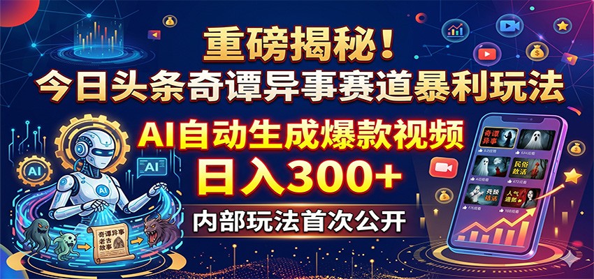 重磅揭秘!今日头条奇谭异事赛道暴利玩法:AI自动生成爆款视频,日入300+网创吧-网创项目资源站-副业项目-创业项目-搞钱项目网创吧