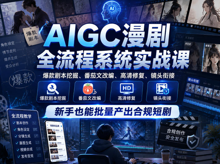 AIGC漫剧全流程系统实战课,爆款剧本挖掘、番茄文改编、高清修复、镜头衔接,新手也能批量产出合规短剧网创吧-网创项目资源站-副业项目-创业项目-搞钱项目网创吧