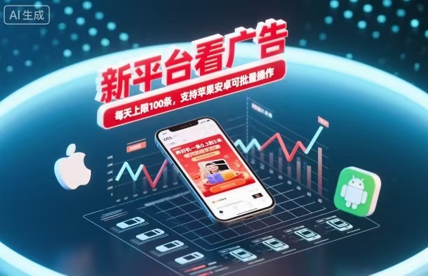 新台看广告，养好机一条5毛到5块，单机日入30到100，支持苹果安卓，可批量操作。网创吧-网创项目资源站-副业项目-创业项目-搞钱项目网创吧