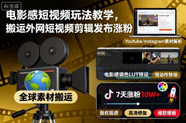 电影感短视频玩法教学，搬运外网短视频剪辑发布涨粉网创吧-网创项目资源站-副业项目-创业项目-搞钱项目网创吧