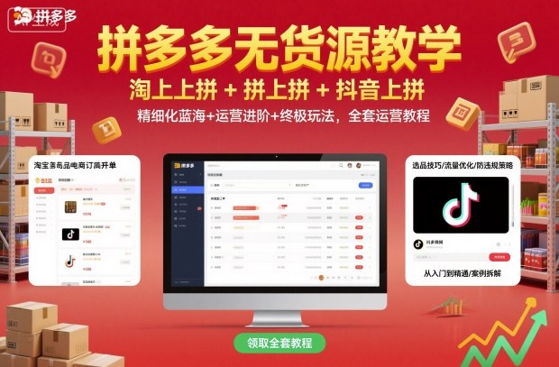 拼多多无货源教学，淘上拼+拼上拼+抖上拼，精细化蓝海+运营进阶+终极玩法，全套运营教程网创吧-网创项目资源站-副业项目-创业项目-搞钱项目网创吧