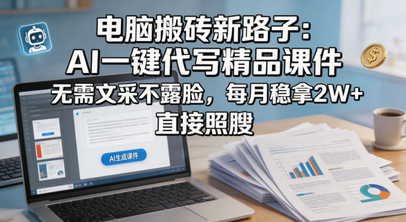 电脑搬砖新路子：AI一键代写精品课件，无需文采不露脸，每月稳拿2W+，直接照搬网创吧-网创项目资源站-副业项目-创业项目-搞钱项目网创吧