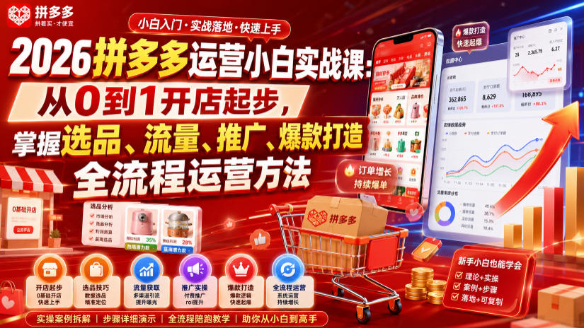 2026拼多多运营小白实战课:从0到1开店起步,掌握选品、流量、推广、爆款打造全流程运营方法网创吧-网创项目资源站-副业项目-创业项目-搞钱项目网创吧