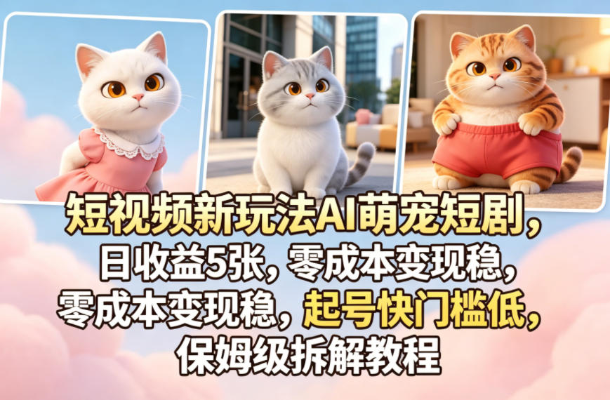 短视频新玩法AI萌宠短剧，日收益5张，零成本变现稳，起号快门槛低，保姆级拆解教程网创吧-网创项目资源站-副业项目-创业项目-搞钱项目网创吧
