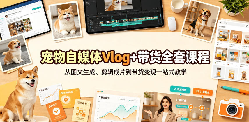 宠物自媒体Vlog+带货全套课程|从图文生成、剪辑成片到带货变现一站式教学网创吧-网创项目资源站-副业项目-创业项目-搞钱项目网创吧