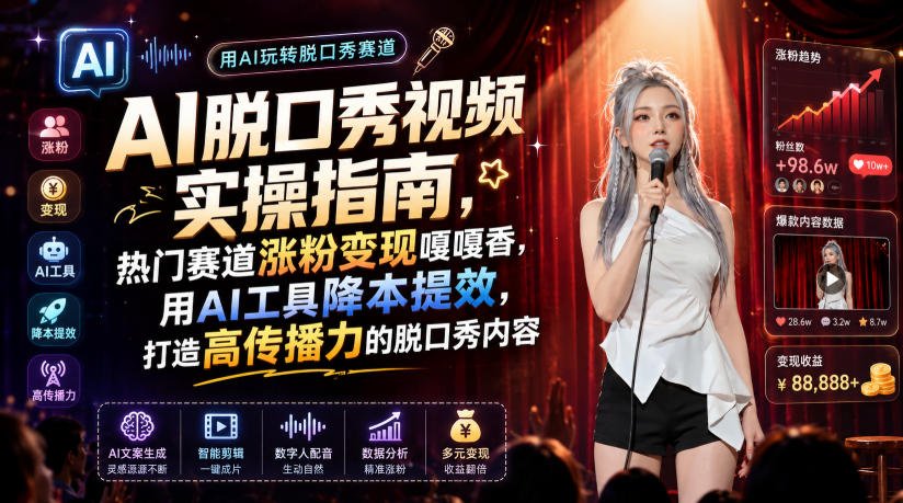 AI脱口秀视频实操指南,热门赛道涨粉变现嘎嘎香,用AI工具降本提效,打造高传播力的脱口秀内容网创吧-网创项目资源站-副业项目-创业项目-搞钱项目网创吧