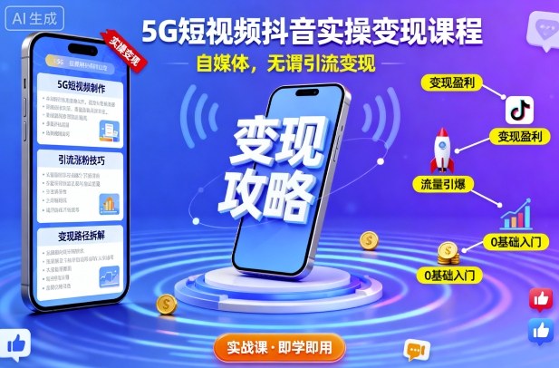 5G短视频抖音实操变现课程，自媒体，无谓引流变现网创吧-网创项目资源站-副业项目-创业项目-搞钱项目网创吧