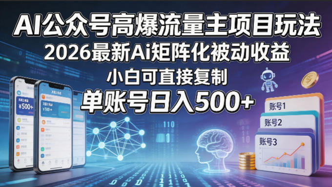 AI公众号高爆流量主项目玩法，2026最新Ai矩阵化被动收益，小白可直接复制，单账号日入500+网创吧-网创项目资源站-副业项目-创业项目-搞钱项目网创吧