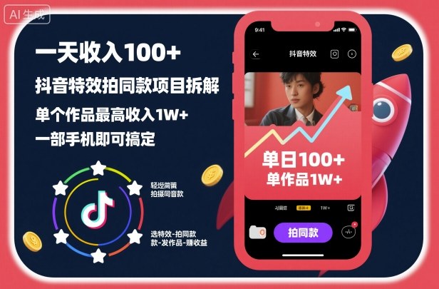 一天收入100+,抖音特效拍同款项目拆解,单个作品最高收入1W+,一部手机即可搞定网创吧-网创项目资源站-副业项目-创业项目-搞钱项目网创吧
