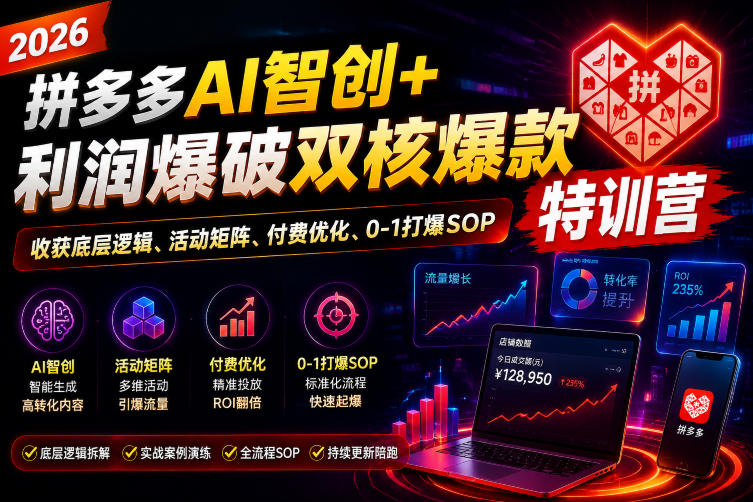 2026拼多多AI智创+利润爆破双核爆款特训营,收获底层逻辑、活动矩阵、付费优化、0-1打爆SOP网创吧-网创项目资源站-副业项目-创业项目-搞钱项目网创吧