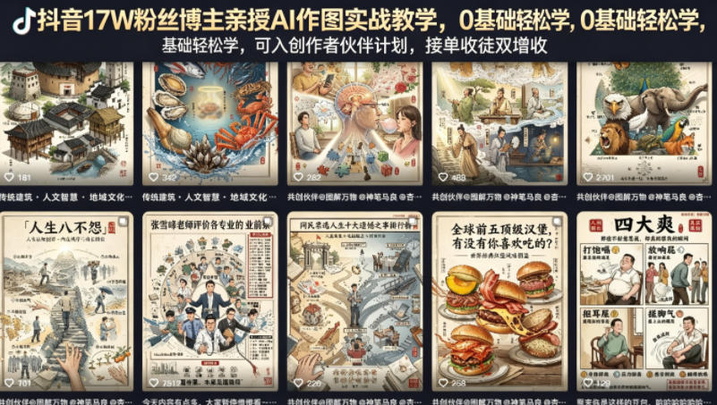 抖音17W粉丝博主亲授AI作图实战教学，0基础轻松学，可入创作者伙伴计划，接单收徒双增收网创吧-网创项目资源站-副业项目-创业项目-搞钱项目网创吧
