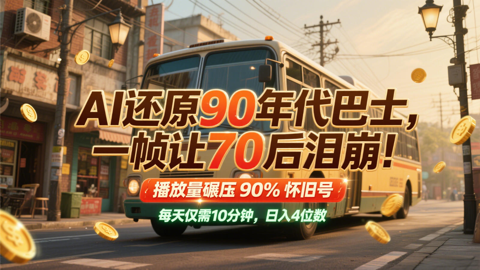 AI还原90年代巴士,一帧让70后泪崩!播放量碾压90%怀旧号,每天10分钟,日入4位数网创吧-网创项目资源站-副业项目-创业项目-搞钱项目网创吧