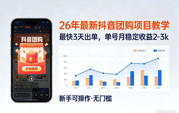 26年最新抖音团购项目教学,0门槛,最快3天出单,单号月稳定收益2-3k网创吧-网创项目资源站-副业项目-创业项目-搞钱项目网创吧