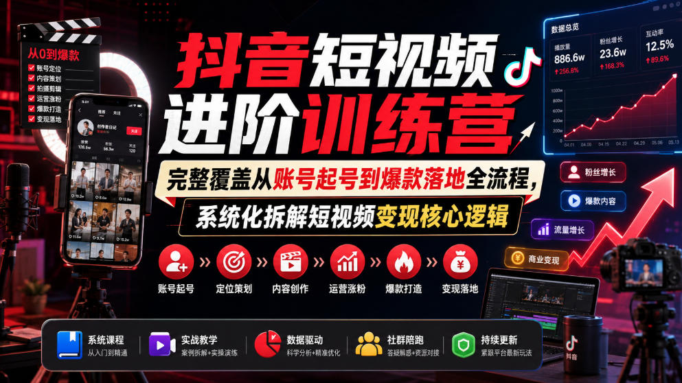 抖音短视频进阶训练营,完整覆盖从账号起号到爆款落地全流程,系统化拆解短视频变现核心逻辑网创吧-网创项目资源站-副业项目-创业项目-搞钱项目网创吧