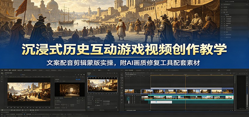 沉浸式历史互动游戏视频创作教学：文案配音剪辑蒙版实操，附AI画质修复工具配套素材网创吧-网创项目资源站-副业项目-创业项目-搞钱项目网创吧