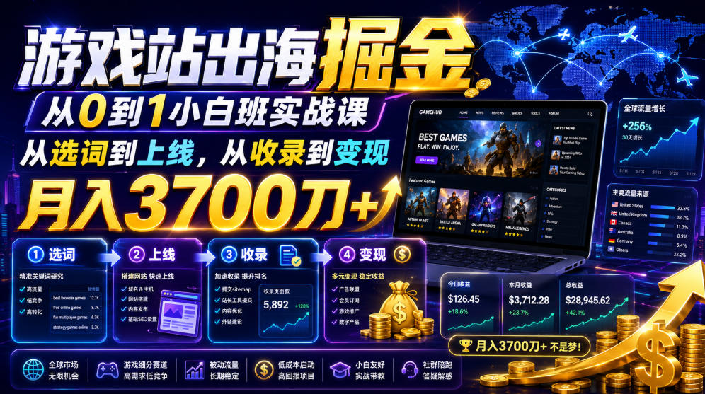 游戏站出海掘金从0到1小白实战课,从选词到上线,从收录到变现,月入3700刀+网创吧-网创项目资源站-副业项目-创业项目-搞钱项目网创吧