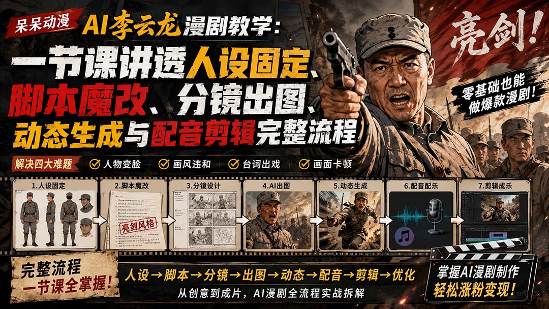 (20107期)呆呆动漫AI李云龙漫剧教学:一节课讲透人设固定、脚本魔改、分镜出图、动态生成与配音剪辑完整流程网创吧-网创项目资源站-副业项目-创业项目-搞钱项目网创吧