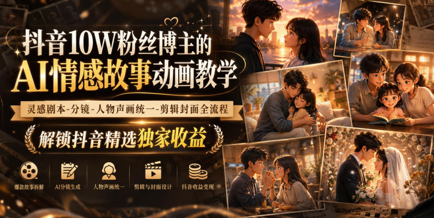 抖音10W粉丝博主的AI情感故事动画教学,灵感剧本‑分镜‑人物声画统一‑剪辑封面全流程,解锁抖音精选独家收益网创吧-网创项目资源站-副业项目-创业项目-搞钱项目网创吧