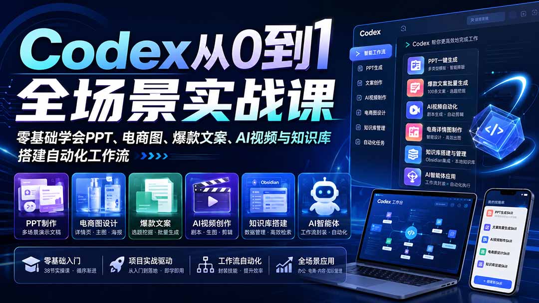 （20041期）Codex从0到1全场景实战课：零基础学会PPT、电商图、爆款文案、AI视频与知识库，搭建自动化工作流网创吧-网创项目资源站-副业项目-创业项目-搞钱项目网创吧