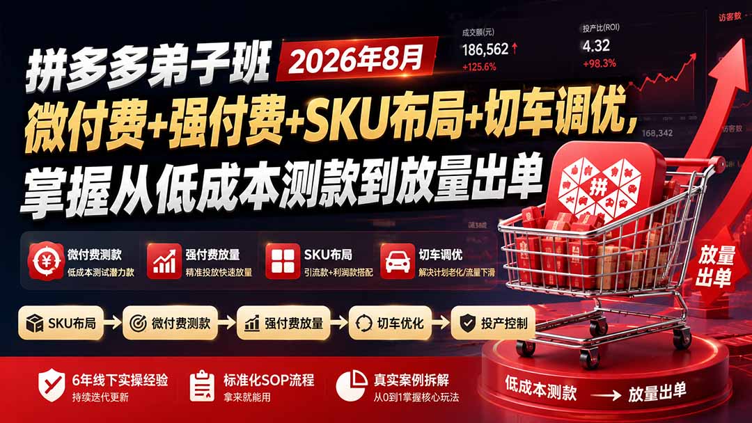 (19746期)拼多多弟子班2026年8月:微付费+强付费+SKU布局+切车调优,掌握从低成本测款到放量出单网创吧-网创项目资源站-副业项目-创业项目-搞钱项目网创吧