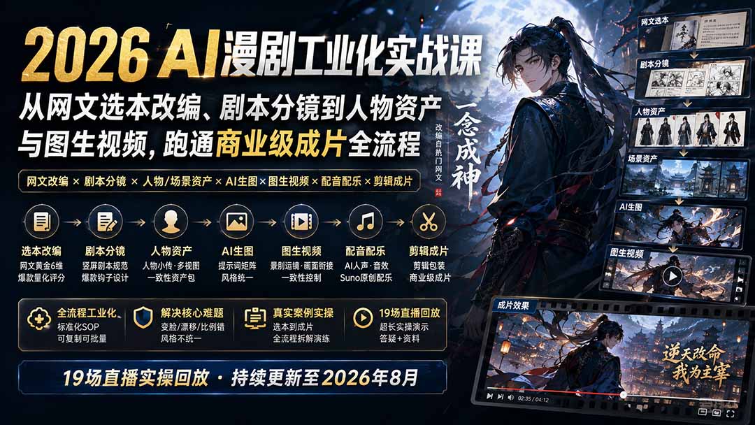 (20068期)2026 AI漫剧工业化实战课-更新:从网文选本改编、剧本分镜到人物资产与图生视频,跑通商业级成片全流程网创吧-网创项目资源站-副业项目-创业项目-搞钱项目网创吧