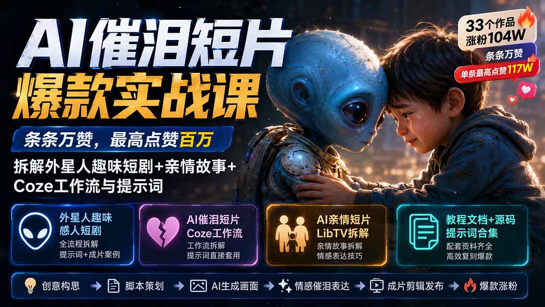 （20038期）AI催泪短片爆款实战课：条条万赞，最高点赞百万，拆解外星人趣味短剧+亲情故事+Coze工作流与提示词网创吧-网创项目资源站-副业项目-创业项目-搞钱项目网创吧